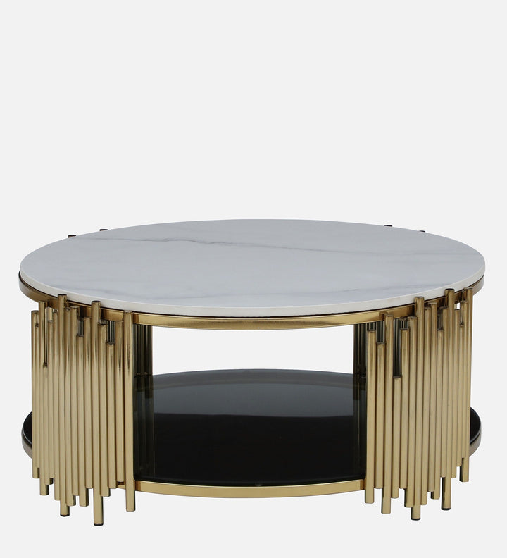 Chirag Metal Round Coffee Table In Golden Base With Marble Top