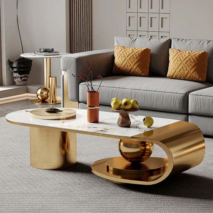 Modern Stainless Steel Coffee Table With Marble Top Tea