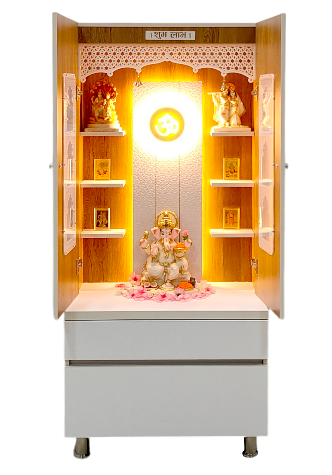 Savannah Designer Wooden Mandir for Home with Doors 67In Height 30In Width 18In Depth with Strip Lighting, Extra Storage, Floating Shelves