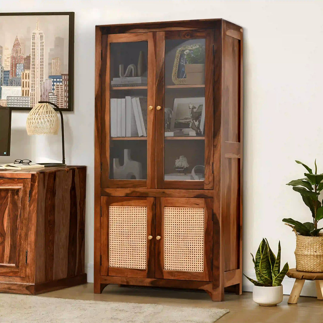 Victoria Rattan Solid Wood Sheesham Cane Bookshelves