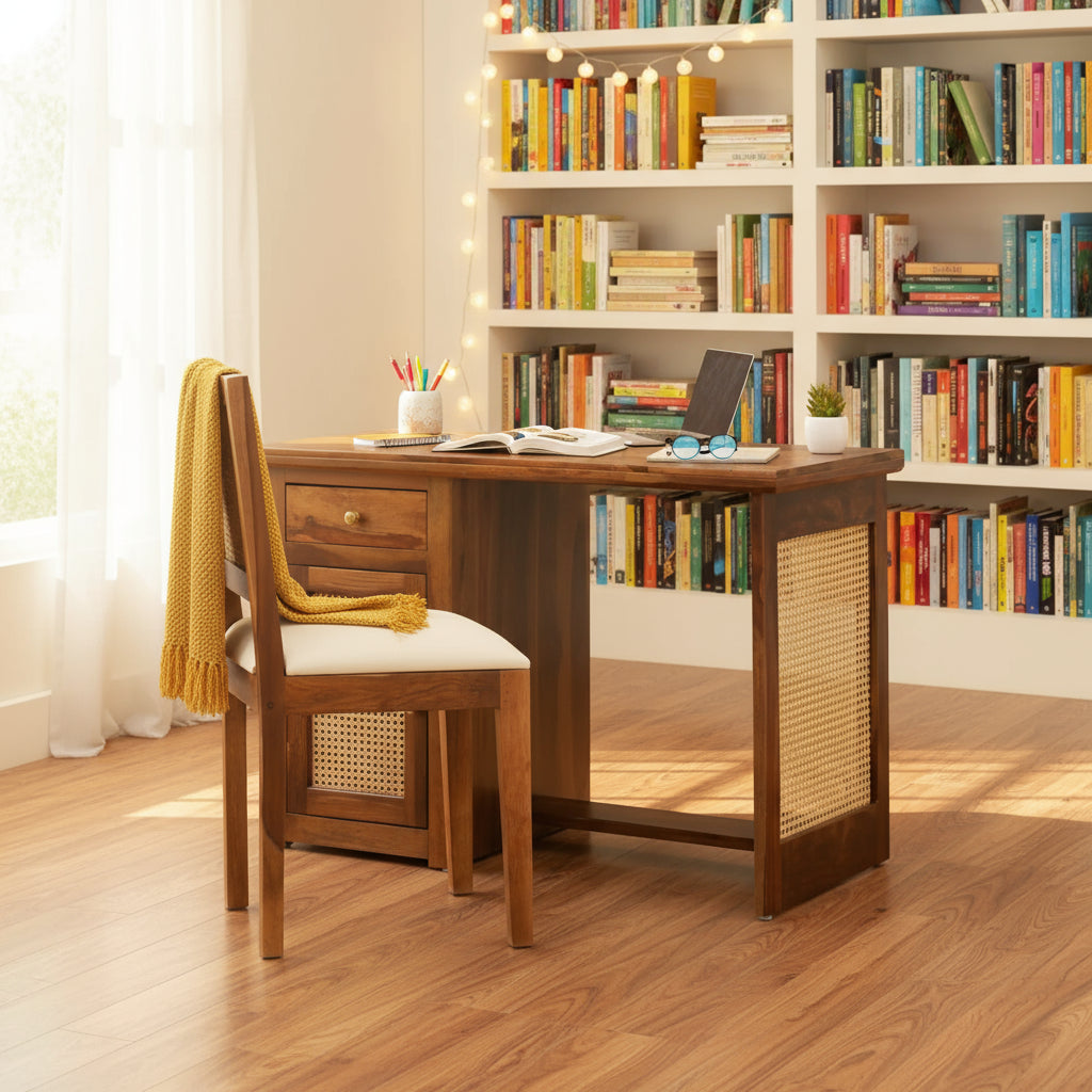 Susana Rattan Solid Wood Cane Study Table With Chair