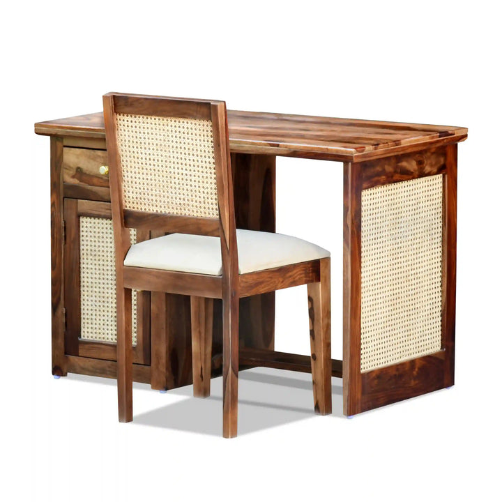 Susana Rattan Solid Wood Cane Study Table With Chair