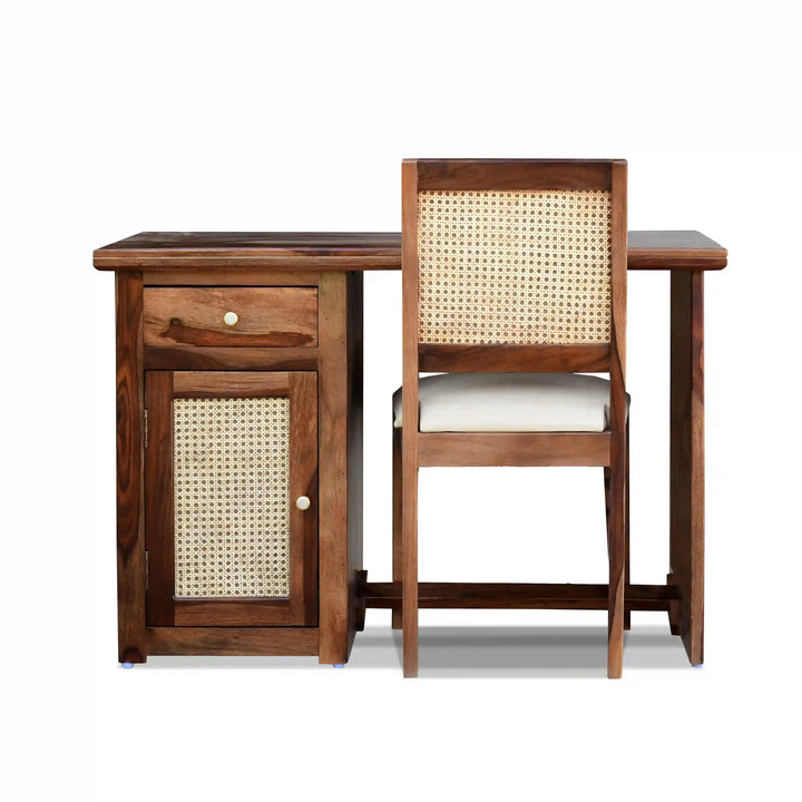 Susana Rattan Solid Wood Cane Study Table With Chair