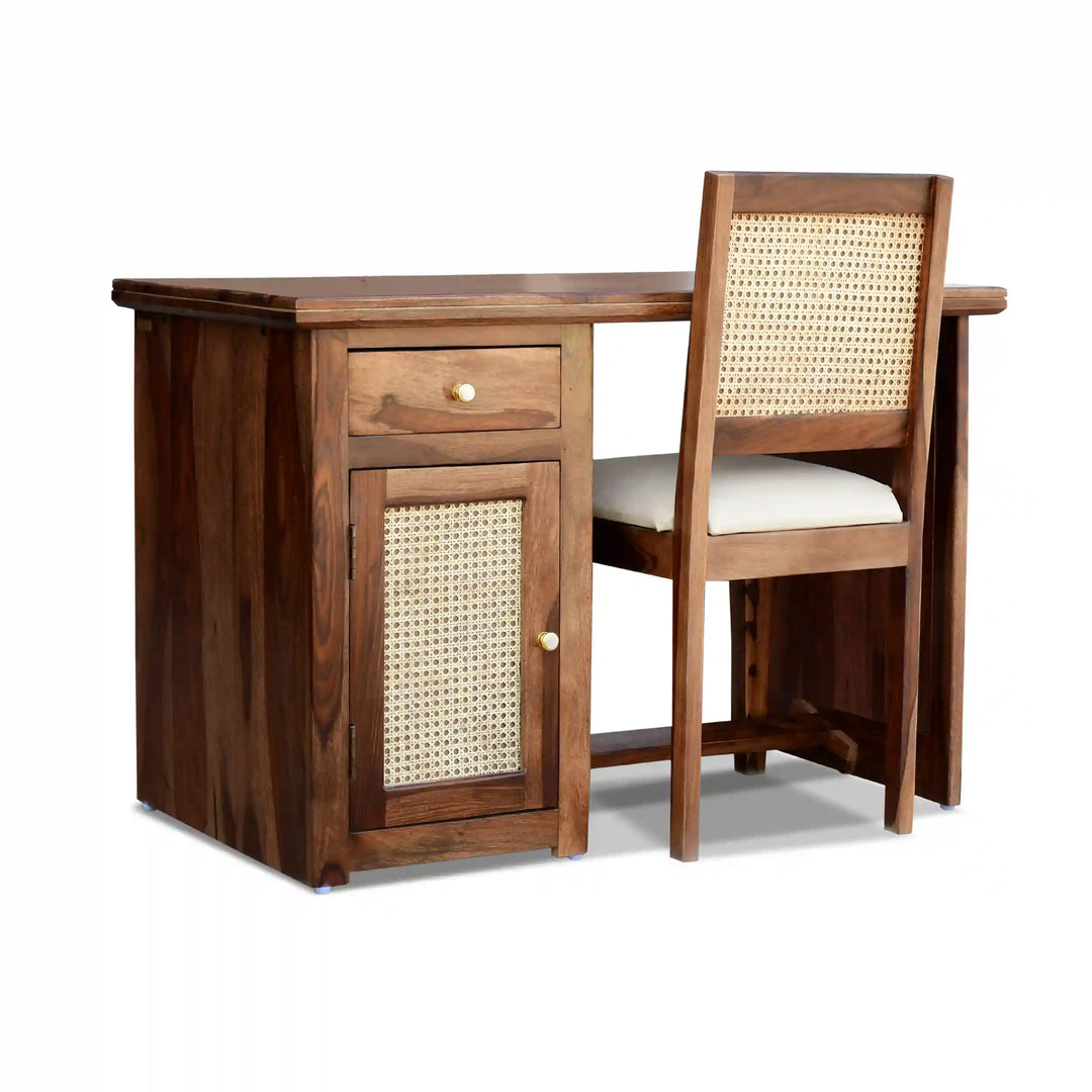 Susana Rattan Solid Wood Cane Study Table With Chair