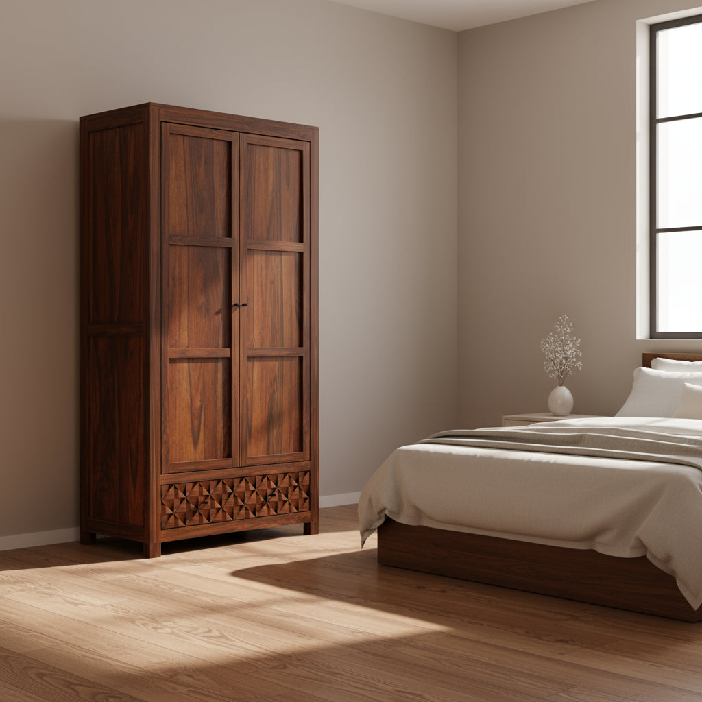 Rebeca Two Door and One Drawer Storage Solid Sheesham Wood Wardrobe