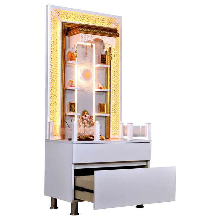 Valeria 5.5' x 2.5' White Gloss Wooden Mandir with Floating Shelves