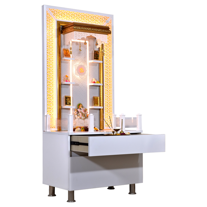 Valeria 5.5' x 2.5' White Gloss Wooden Mandir with Floating Shelves