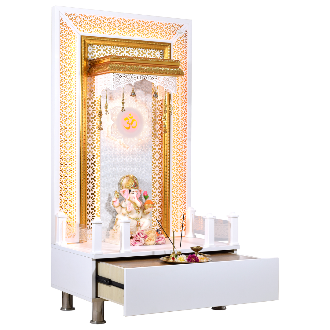 Willow Wooden Designer Mandir for Home In Glossy White Color with Lights