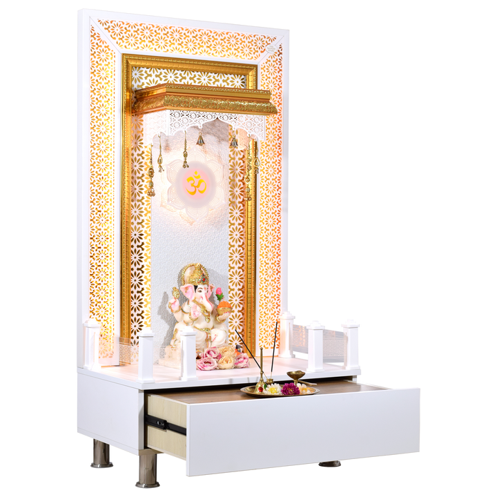 Willow Wooden Designer Mandir for Home In Glossy White Color with Lights