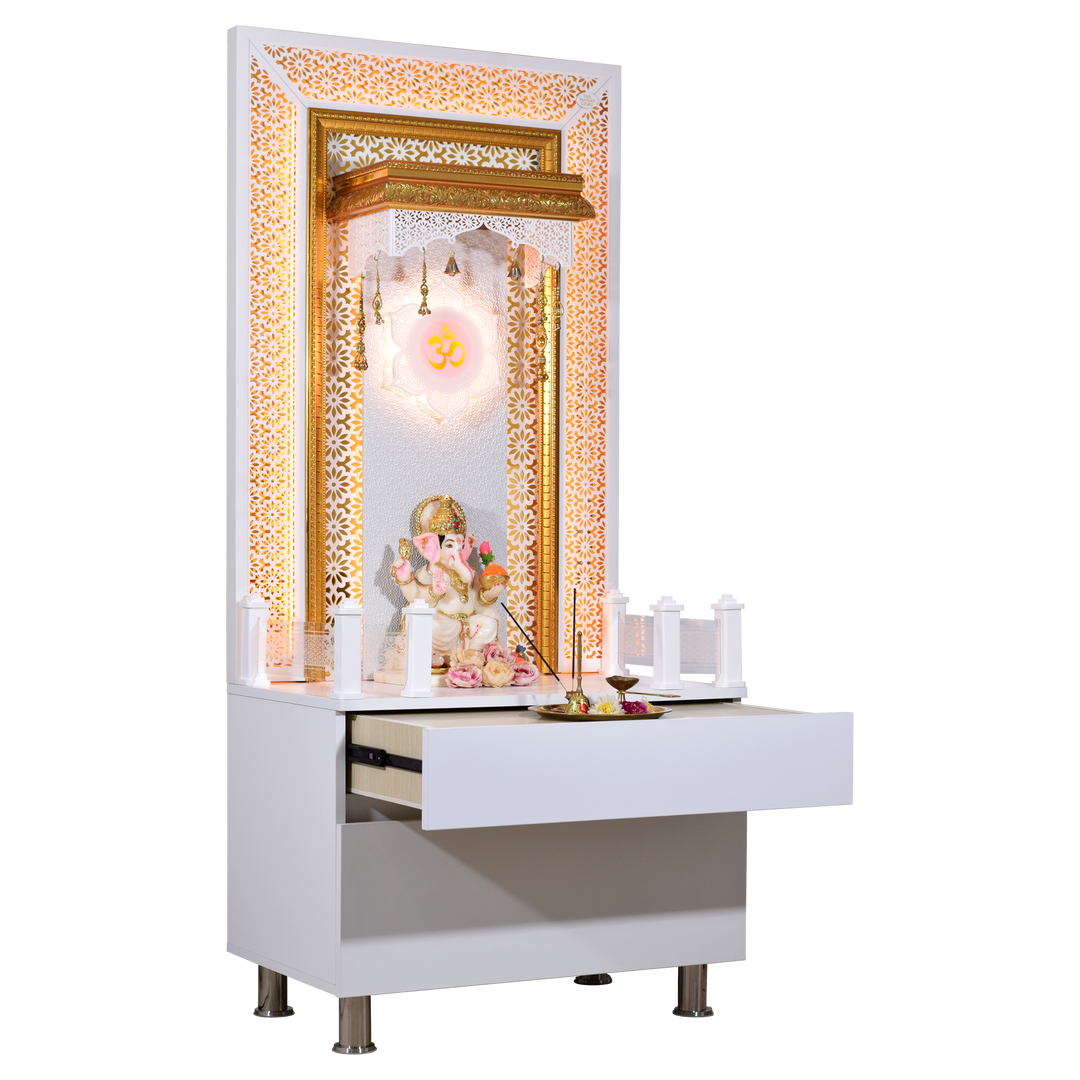 Designer Wooden Mandir for Home with LED Strip Lights and Storage