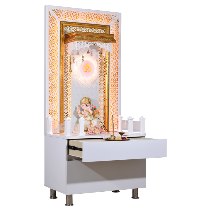 Designer Wooden Mandir for Home with LED Strip Lights and Storage