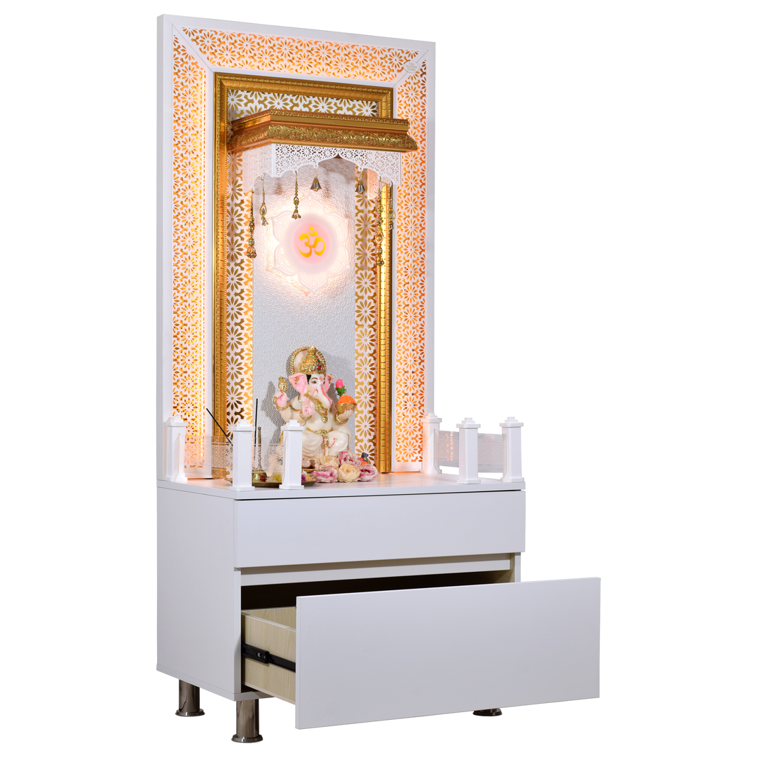 Designer Wooden Mandir for Home with LED Strip Lights and Storage