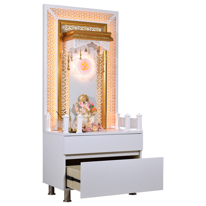 Designer Wooden Mandir for Home with LED Strip Lights and Storage