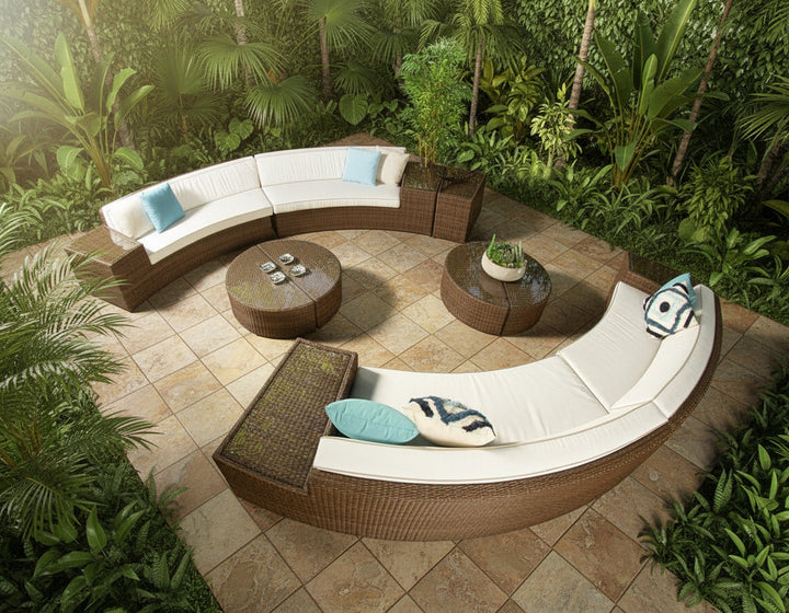 Rossi Outdoor Patio Round Sofa Set 8 Seater , 1 Side table and 2 Center Table (Brown)