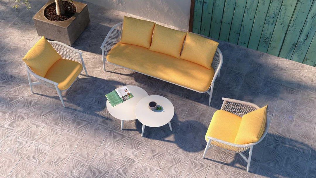 Amvi Outdoor Sofa Set 3 Seater , 2 Single seater and 2 Center Table Set (White + Yellow) Braided & Rope