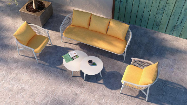 Amvi Outdoor Sofa Set 3 Seater , 2 Single seater and 2 Center Table Set (White + Yellow) Braided & Rope
