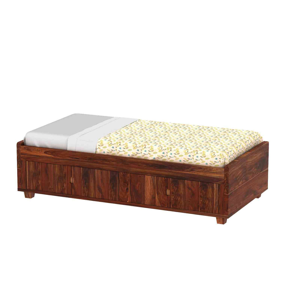 Jacinta Solid Sheesham Wood Single Bed Cum Day Bed With Door Storage (With Mattress, Natural Finish)