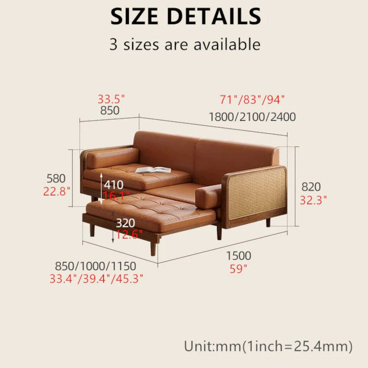 Leathaire Sofa Bed With Rattan Weaving Wooden Frame