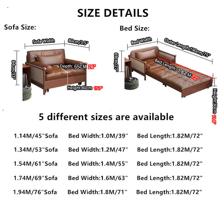 Rattan Weaving Armrests Leathaire Fabric Retro Sofa Bed with Underneath Storage SOFA BED