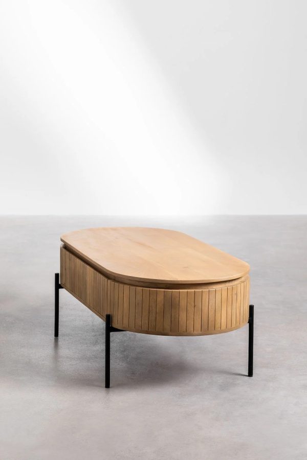 Mango Wood Coffee Table with Black Powder Coated Iron Legs (Oval Shape)