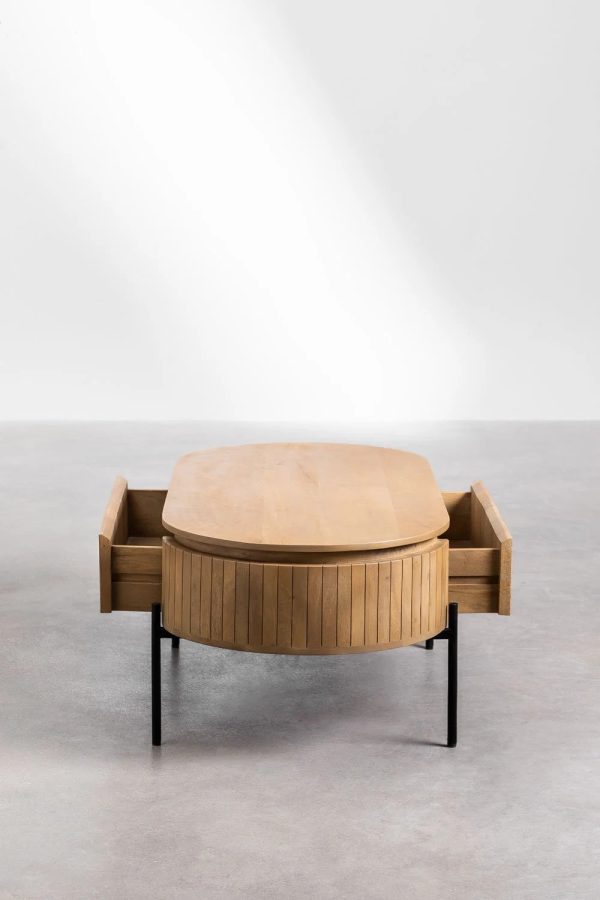 Mango Wood Coffee Table with Black Powder Coated Iron Legs (Oval Shape)