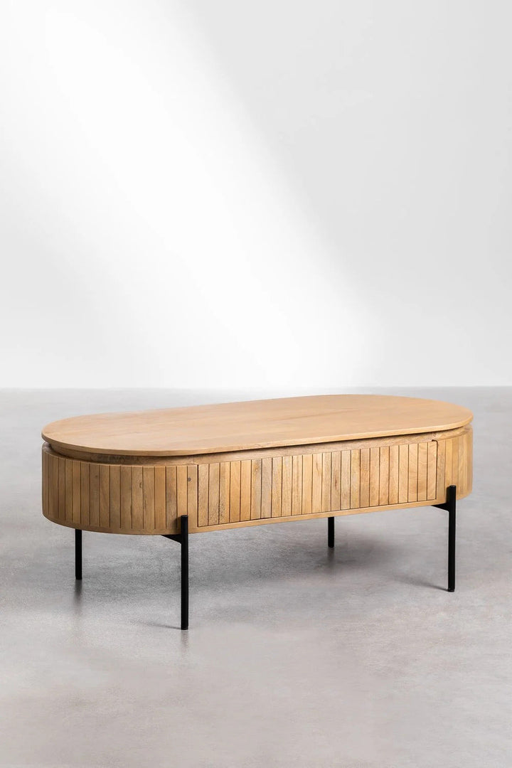 Mango Wood Coffee Table with Black Powder Coated Iron Legs (Oval Shape)