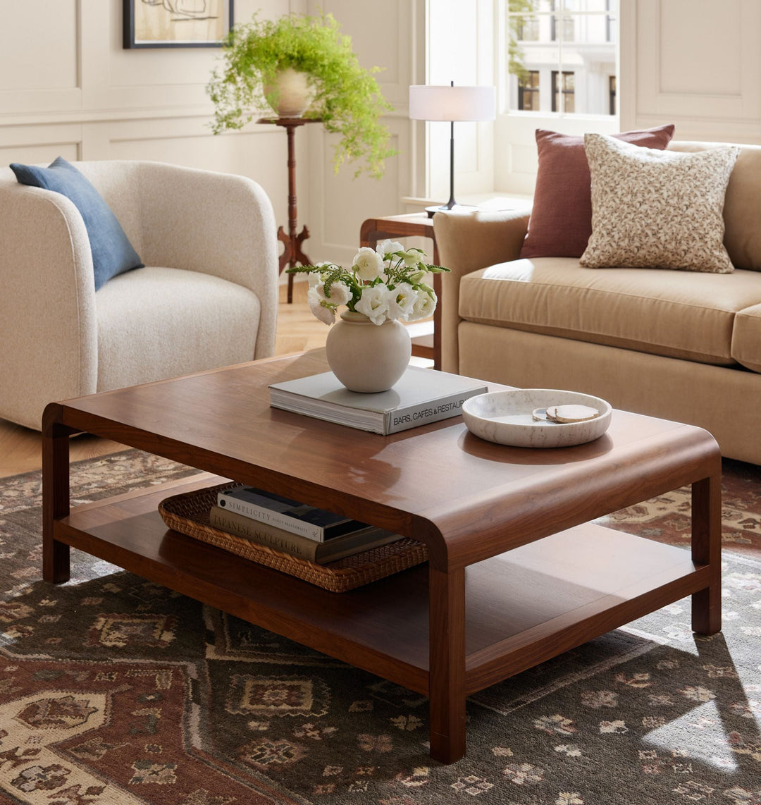 Nikhil Solid Sheesham Wood Coffee Table with Open Shelf Storage for Living Room | Natural Walnut Finish | Rectangular Center Table