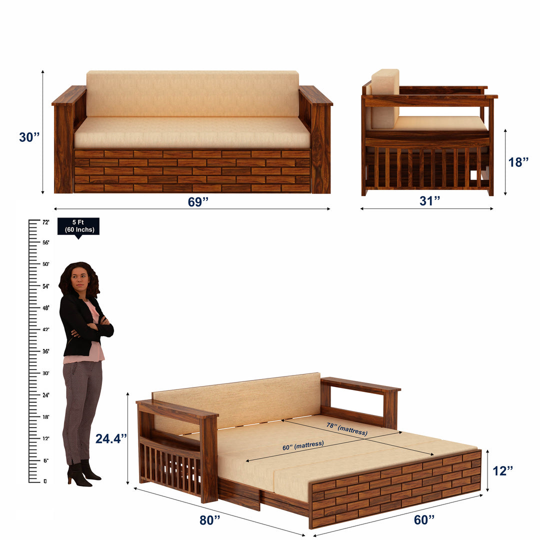 Eliana Solid Sheesham Wood 3 Seater Sofa Cum Bed With Side Pockets and Fabric at Back