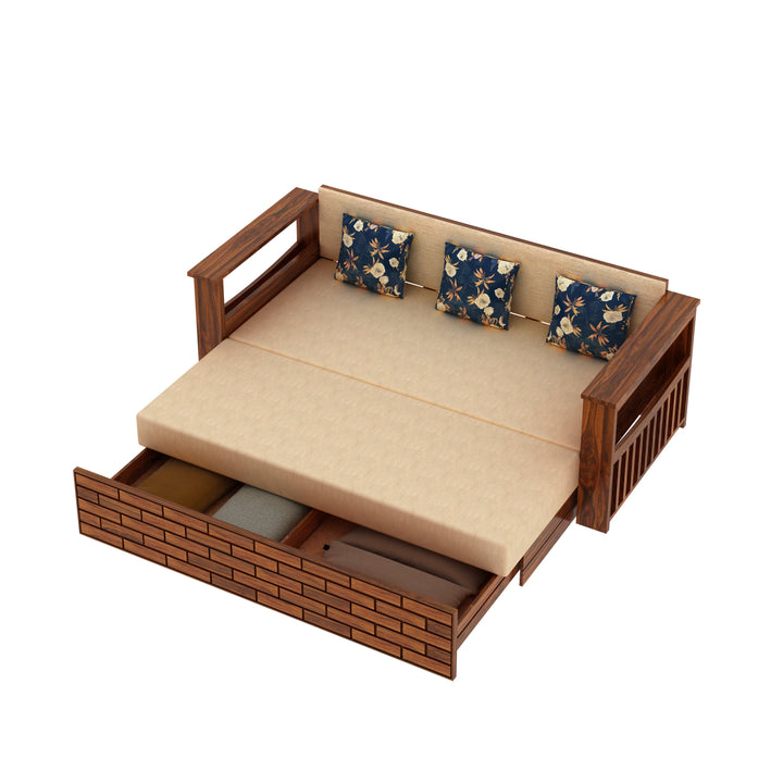 Eliana Solid Sheesham Wood 3 Seater Sofa Cum Bed With Side Pockets and Fabric at Back
