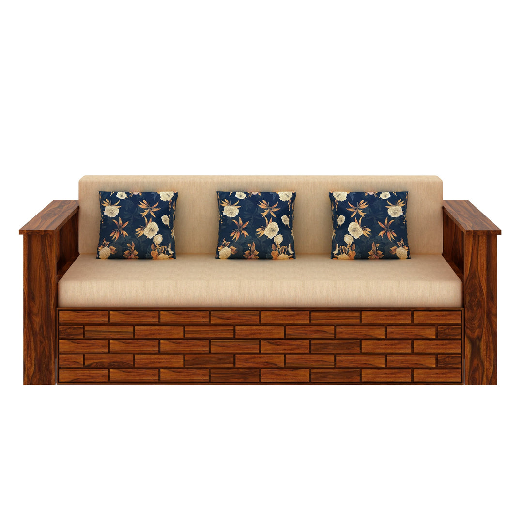Eliana Solid Sheesham Wood 3 Seater Sofa Cum Bed With Side Pockets and Fabric at Back