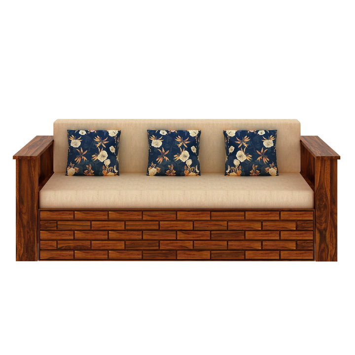 Eliana Solid Sheesham Wood 3 Seater Sofa Cum Bed With Side Pockets and Fabric at Back