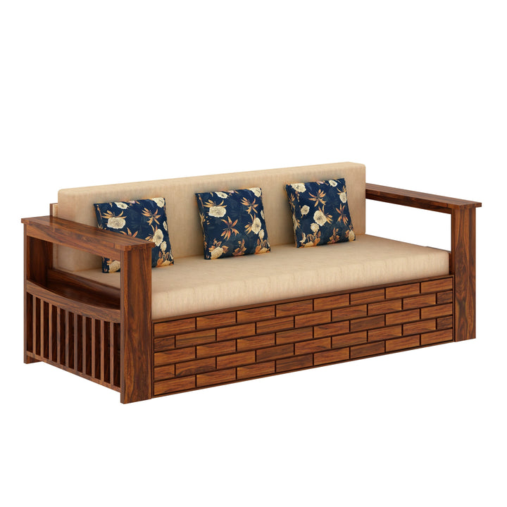 Eliana Solid Sheesham Wood 3 Seater Sofa Cum Bed With Side Pockets and Fabric at Back