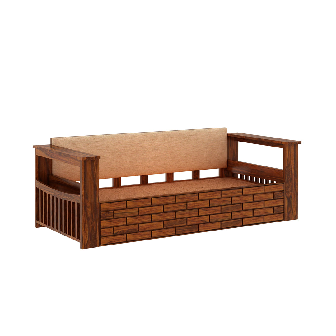 Eliana Solid Sheesham Wood 3 Seater Sofa Cum Bed With Side Pockets and Fabric at Back