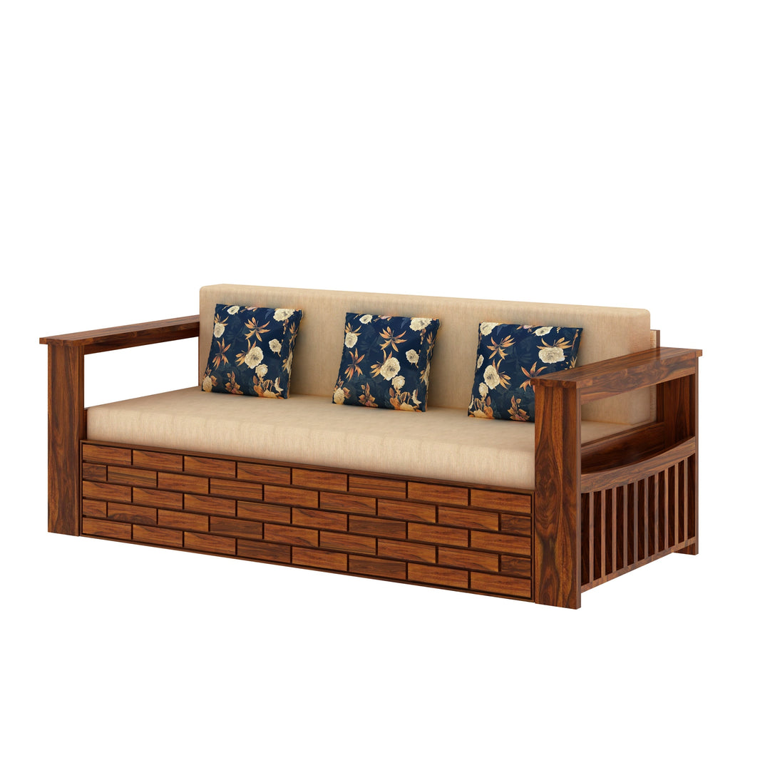 Eliana Solid Sheesham Wood 3 Seater Sofa Cum Bed With Side Pockets and Fabric at Back