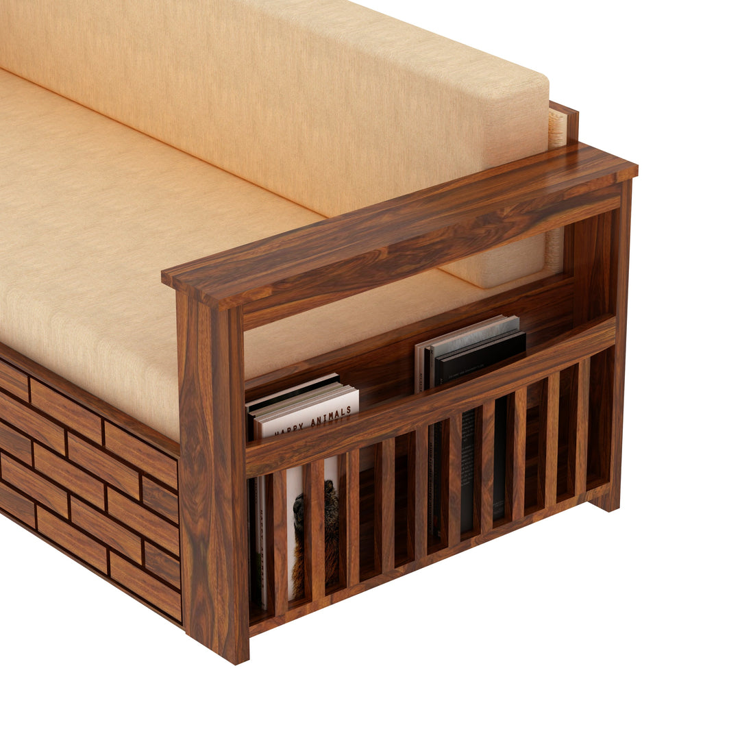 Eliana Solid Sheesham Wood 3 Seater Sofa Cum Bed With Side Pockets and Fabric at Back