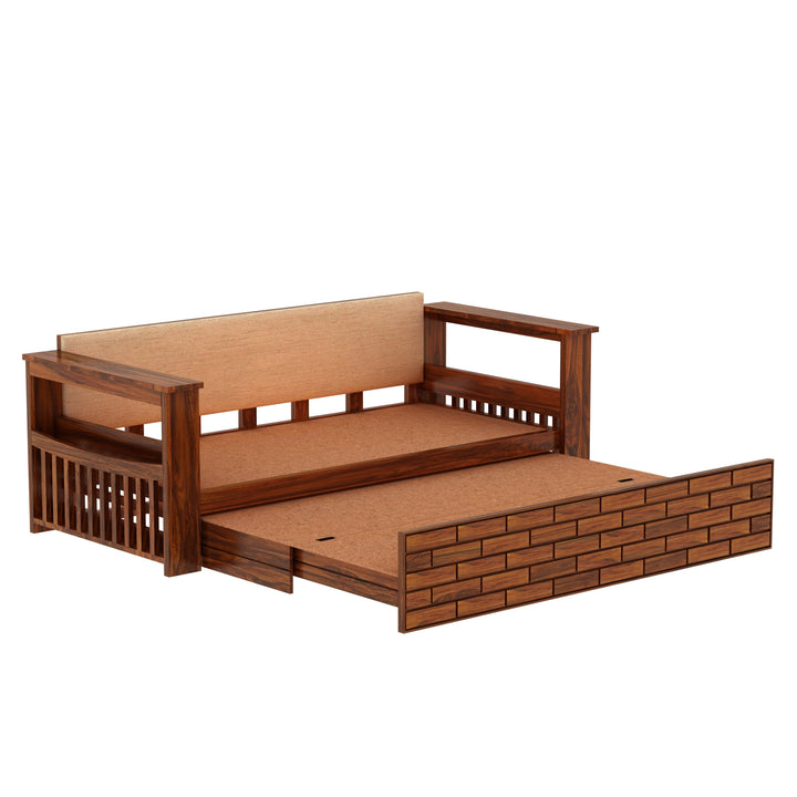 Eliana Solid Sheesham Wood 3 Seater Sofa Cum Bed With Side Pockets and Fabric at Back