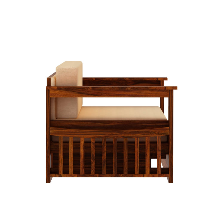 Eliana Solid Sheesham Wood 3 Seater Sofa Cum Bed With Side Pockets and Fabric at Back