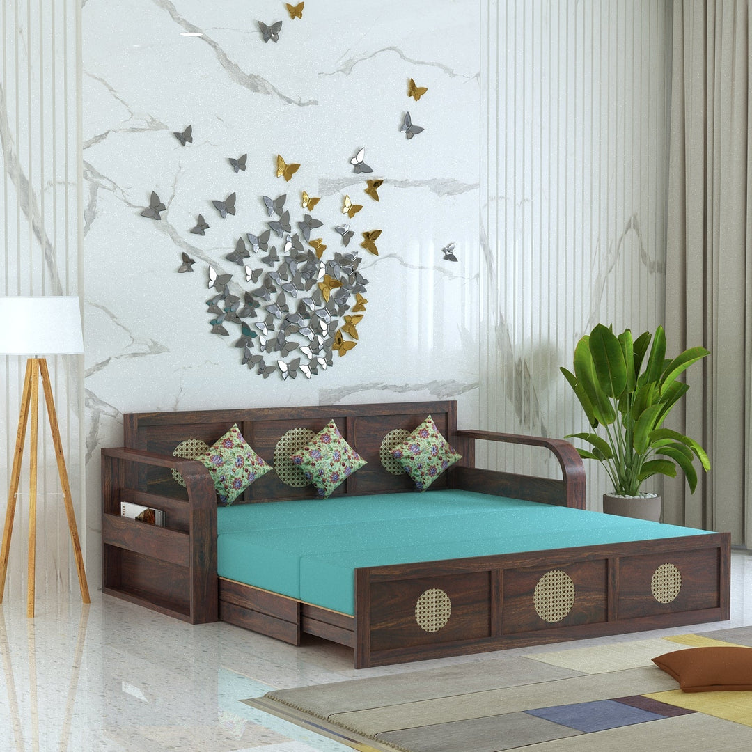 Cosmos Solid Sheesham Wood 3 Seater Sofa Cum Bed With Headboard Design - 1 Year Warranty Walnut