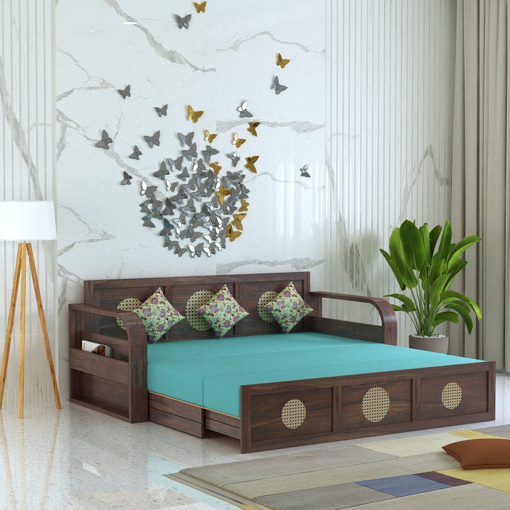 Cosmos Solid Sheesham Wood 3 Seater Sofa Cum Bed With Headboard Design - 1 Year Warranty Walnut