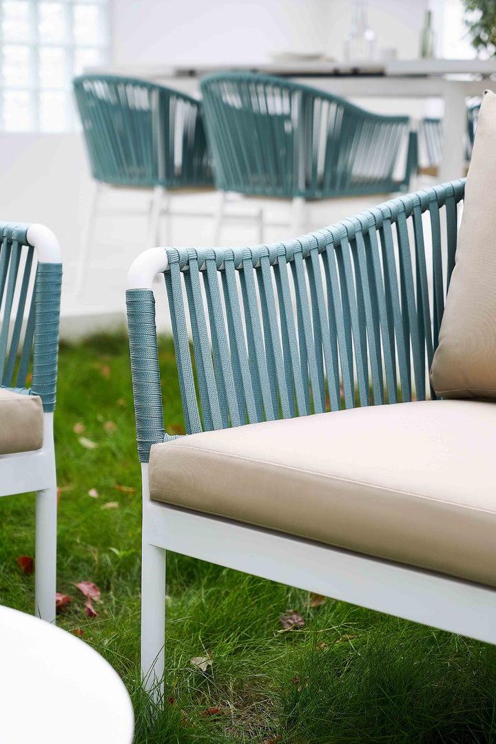 Furnixa Outdoor Garden Balcony Sofa Set 2 Seater, 2 Single seater and 1 Center Table Set, Braid & Rope (White + Blue)