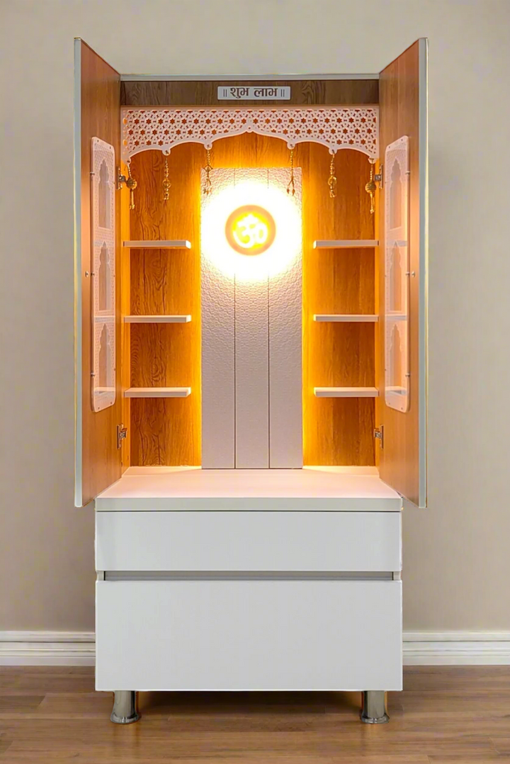 Savannah Designer Wooden Mandir for Home with Doors 67In Height 30In Width 18In Depth with Strip Lighting, Extra Storage, Floating Shelves