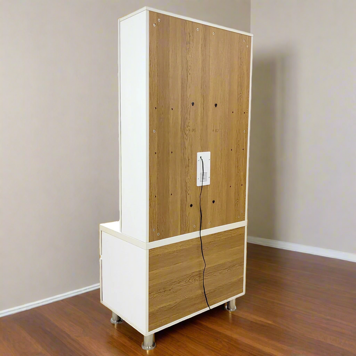 Savannah Designer Wooden Mandir for Home with Doors 67In Height 30In Width 18In Depth with Strip Lighting, Extra Storage, Floating Shelves