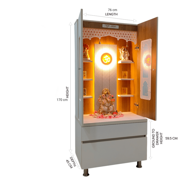 Savannah Designer Wooden Mandir for Home with Doors 67In Height 30In Width 18In Depth with Strip Lighting, Extra Storage, Floating Shelves