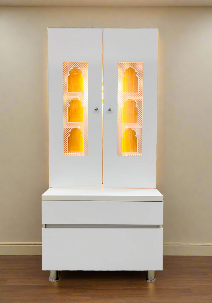 Savannah Designer Wooden Mandir for Home with Doors 67In Height 30In Width 18In Depth with Strip Lighting, Extra Storage, Floating Shelves