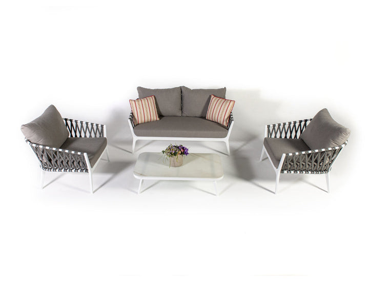 Mazzanti Outdoor Sofa Set 2 Seater , 2 Single seater and 1 Center Table (White + Brown) Braided & Rope