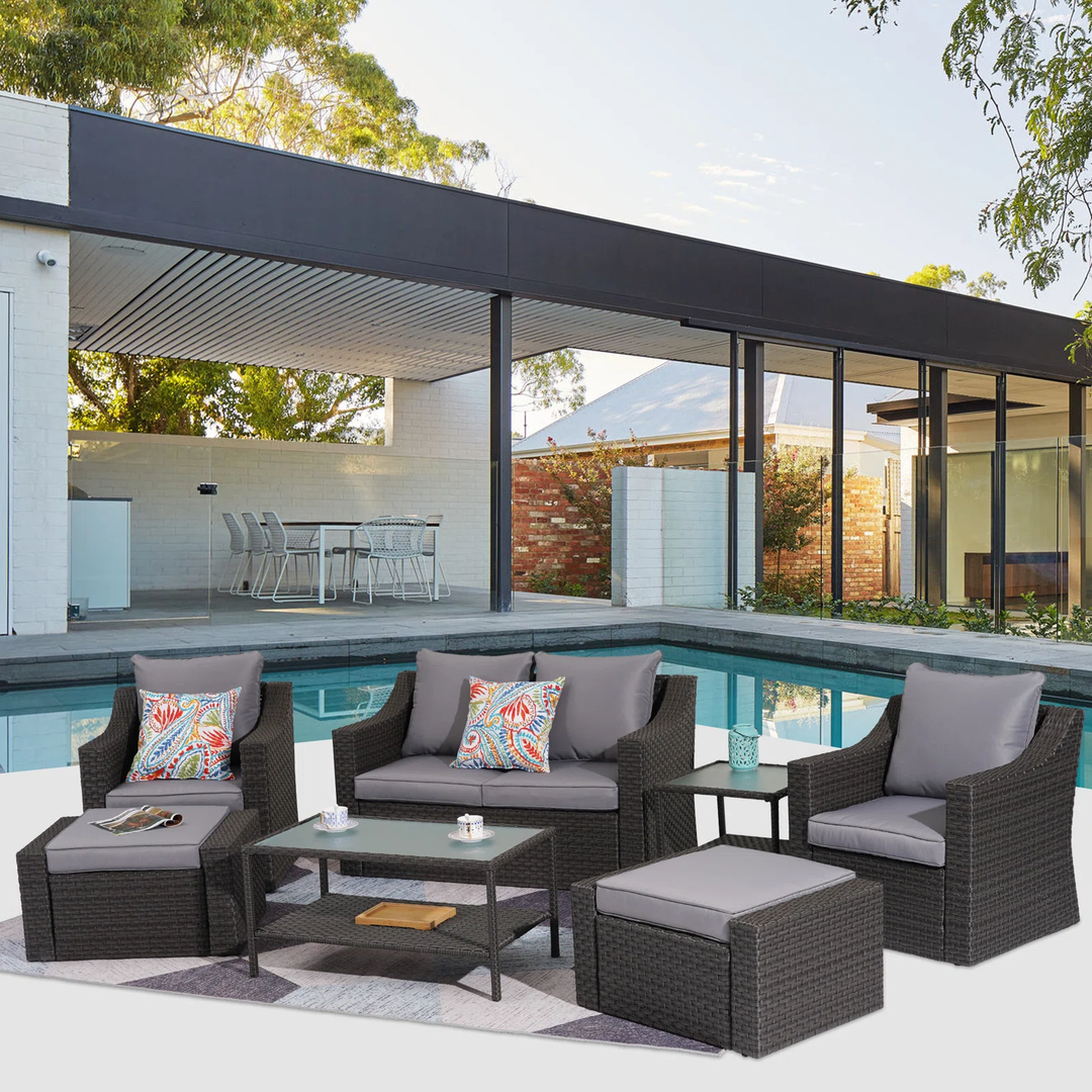 Tress Outdoor Garden Balcony Sofa Set 2 Seater, 2 Single seater With 2 Ottoman, 1 Center Table, 1 Side Table Set (Black)