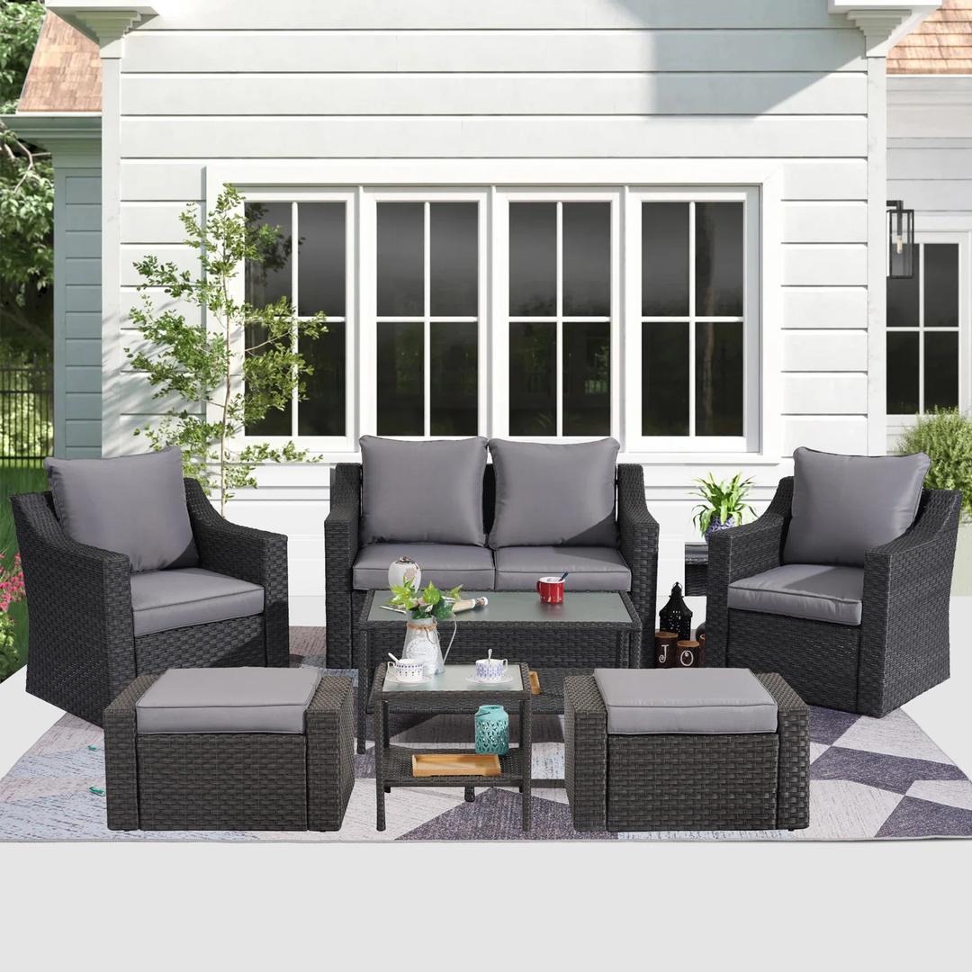 Tress Outdoor Garden Balcony Sofa Set 2 Seater, 2 Single seater With 2 Ottoman, 1 Center Table, 1 Side Table Set (Black)