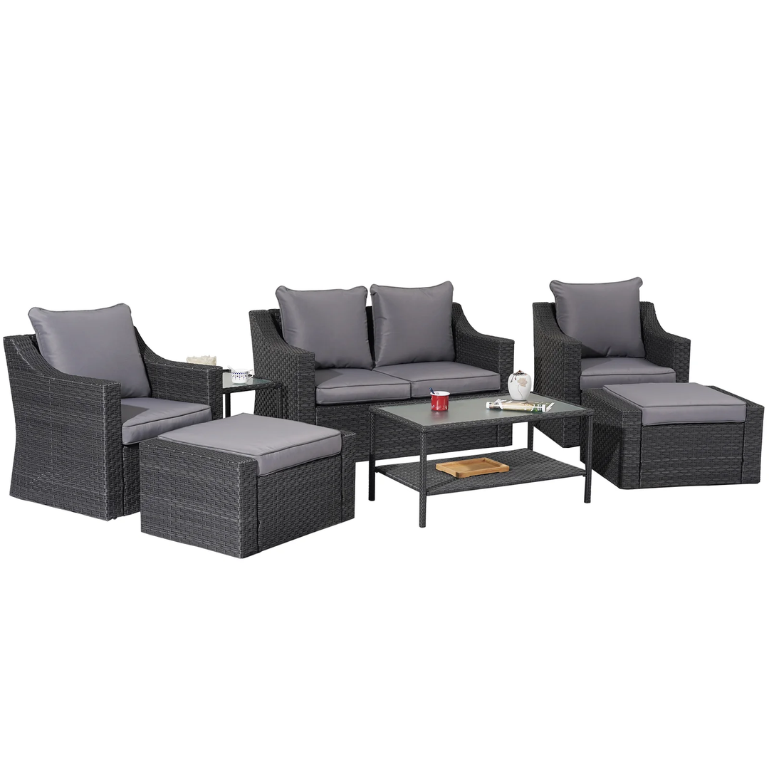 Tress Outdoor Garden Balcony Sofa Set 2 Seater, 2 Single seater With 2 Ottoman, 1 Center Table, 1 Side Table Set (Black)