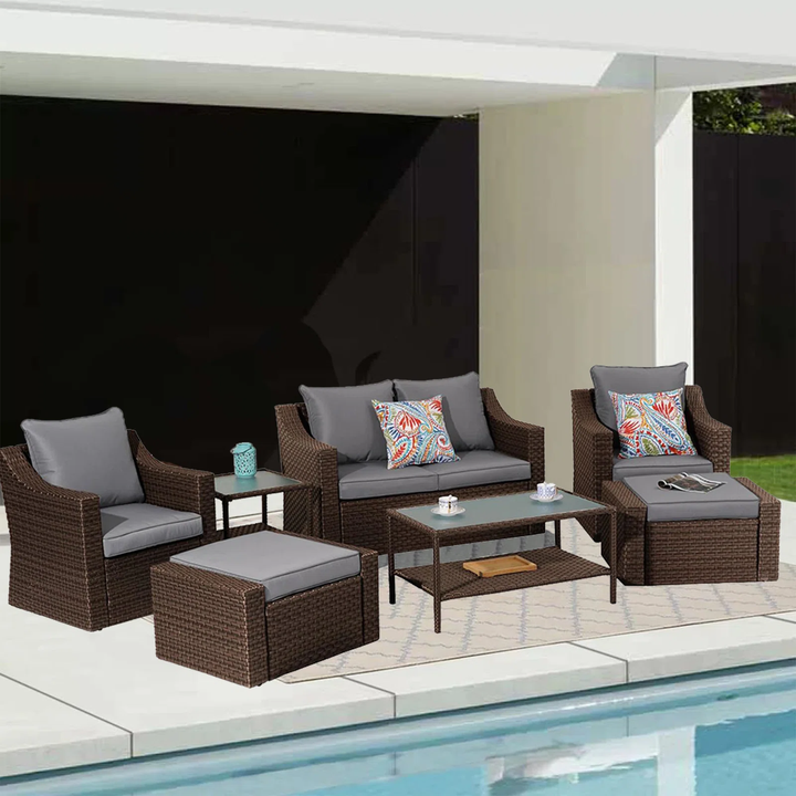 Ration Outdoor Garden Balcony Sofa Set 2 Seater, 2 Single seater With 2 Ottoman and 1 Center Table, 1 Side Table Set (Dark Brown)
