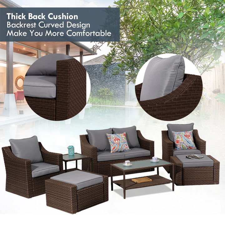 Ration Outdoor Garden Balcony Sofa Set 2 Seater, 2 Single seater With 2 Ottoman and 1 Center Table, 1 Side Table Set (Dark Brown)